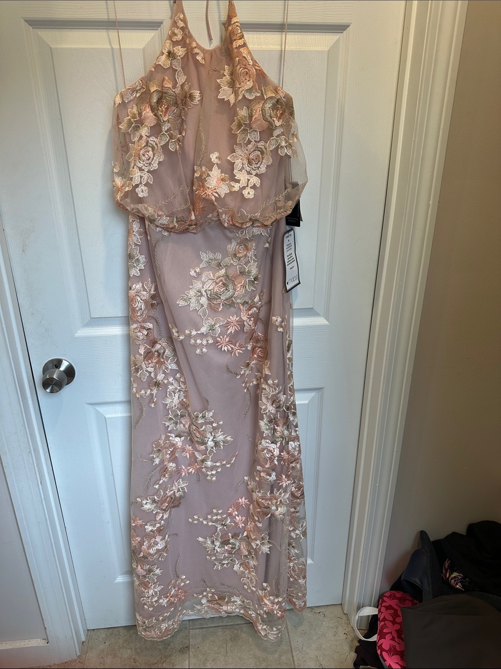 Adrianna Papell Blush Floral Embroidered Halter Gown